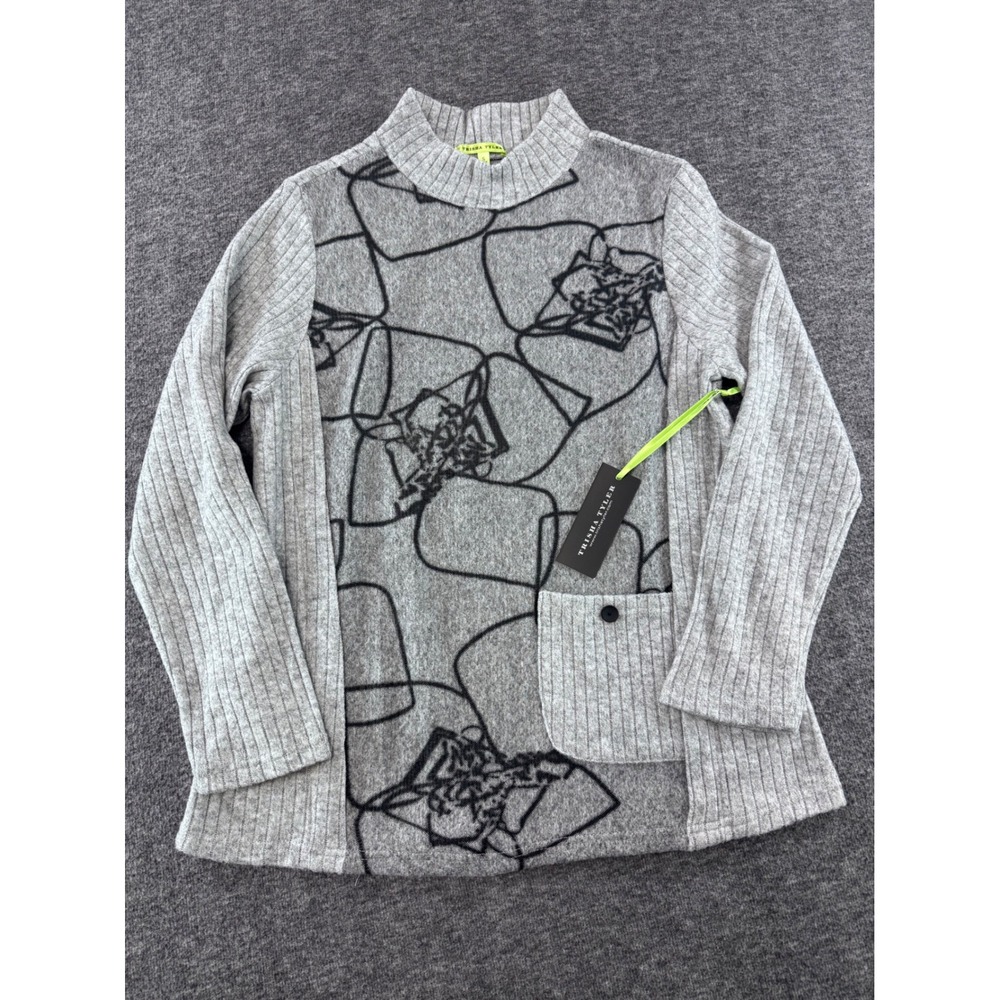 Trisha Tyler Womens Gray Abstract Graphic Ribbed Mock Neck Sweater Top Small NWT